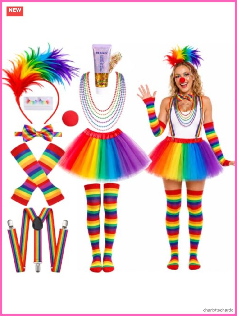 10Pcs Rainbow Clown Costume for Women, Circus Carnival Outfit with Tutu Skirt,